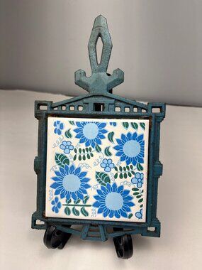 Vintage Japan Cast Iron Blue Trivet Floral Ceramic Tile 10"x5.5" Display-Ready
